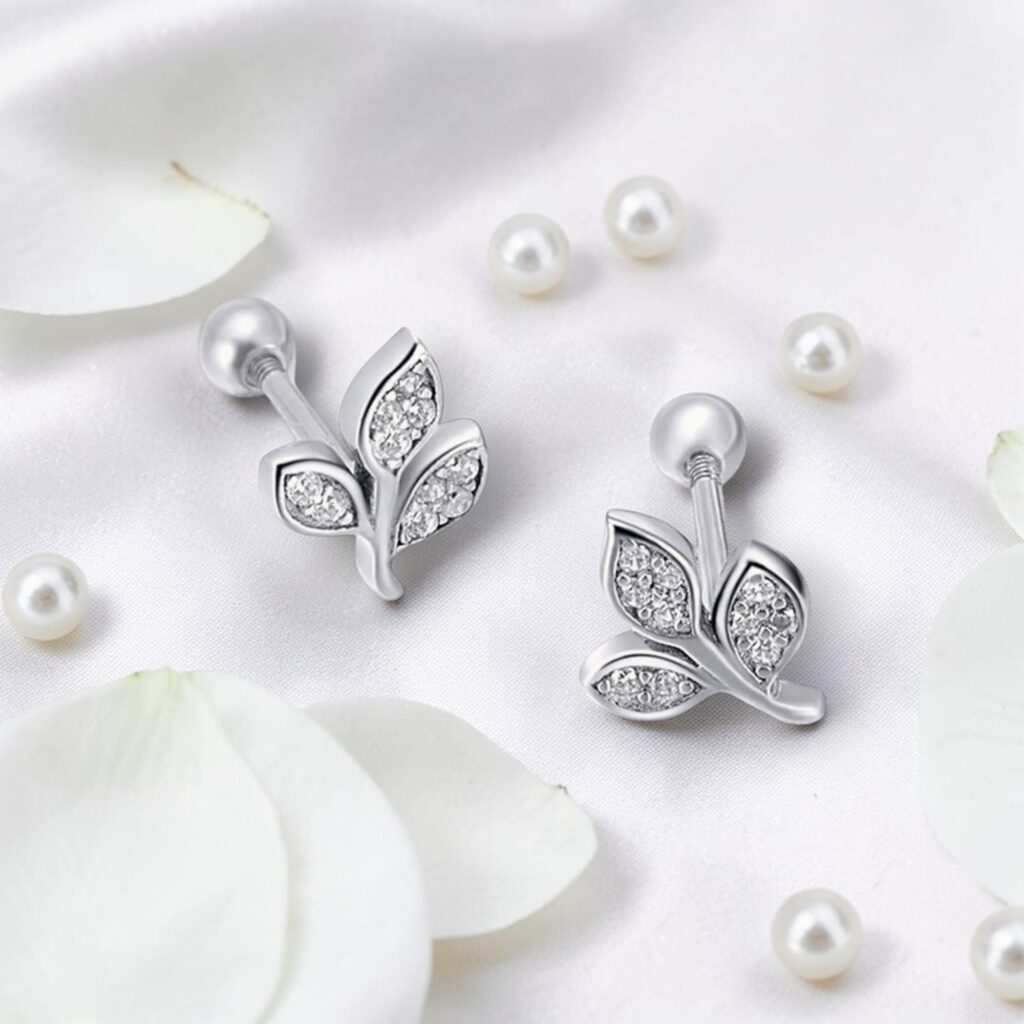 woemiya Dazzling CZ Tree Leaves 925 Silver Stud