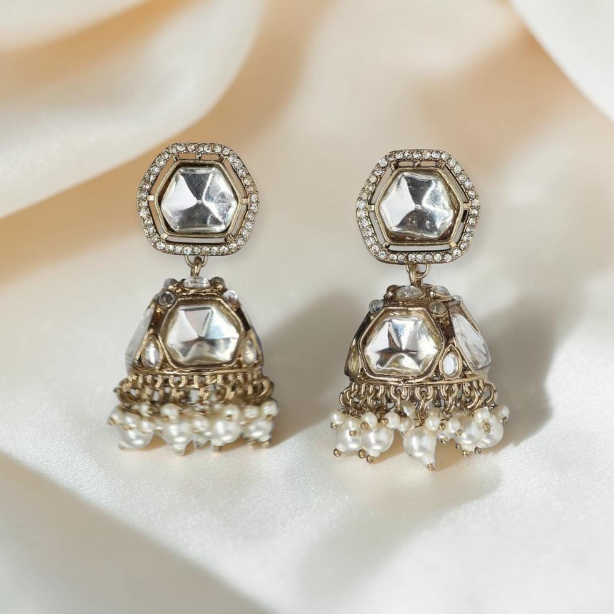 Pearls Antique Gold Tone Dazzling Stones and Beads Embellished Jhumka Earring