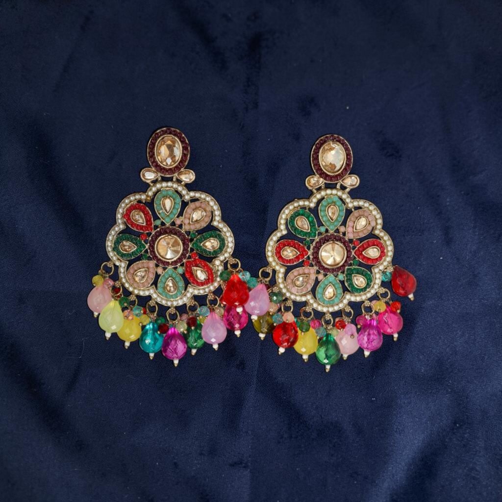 Multicolor Antique Gold Floral Chandbali Earrings with Beaded Teardrop Dangles