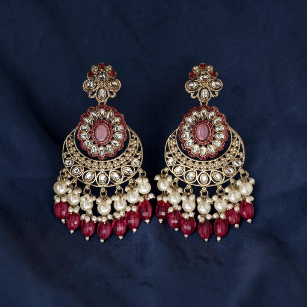 Gold-Plated Ruby Red Kundan Chandbali Earrings