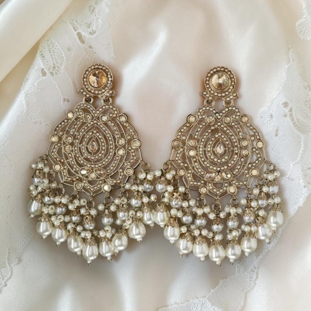 Gold Plated Champagne Kundan & Pearl Beaded Long Chandbali