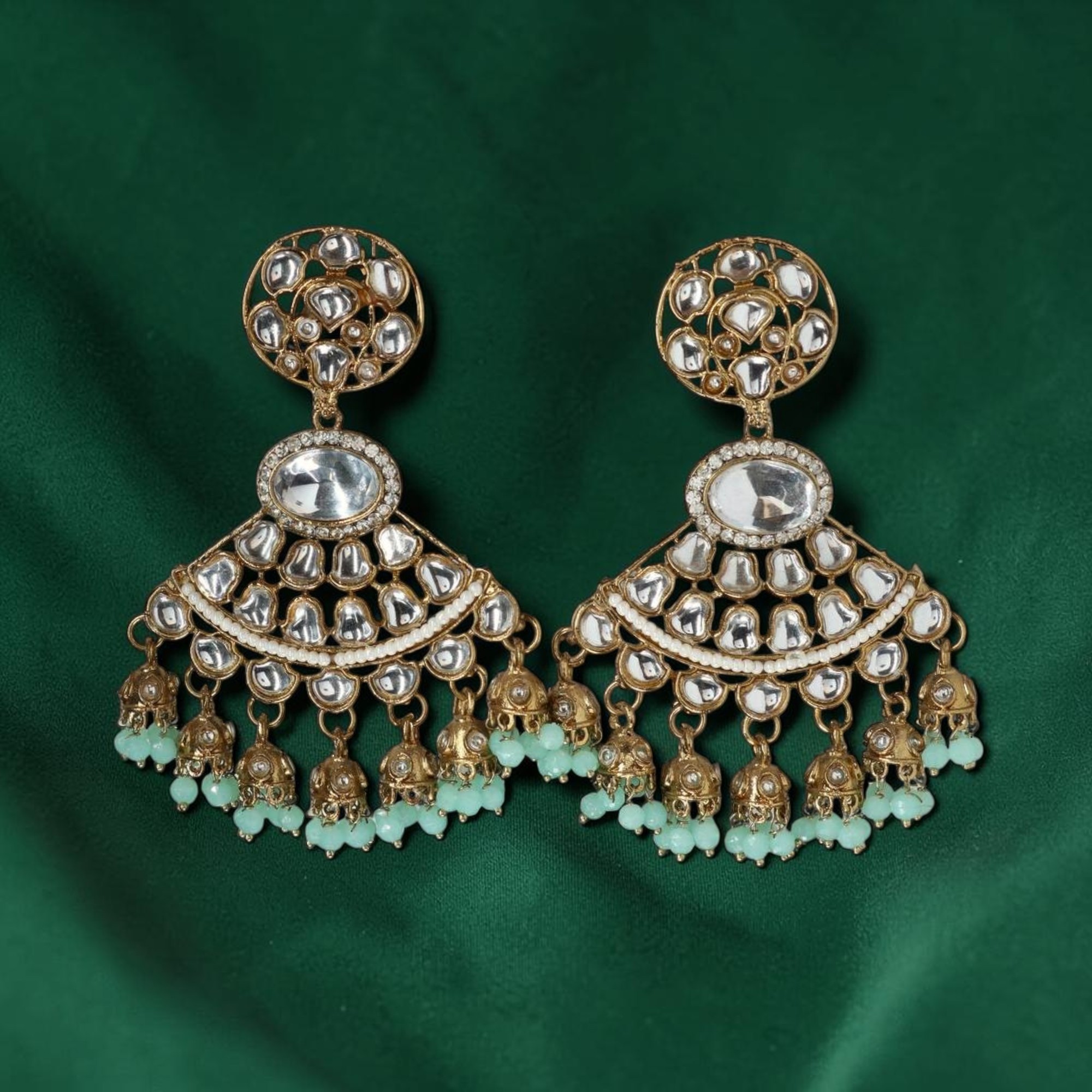 Gold-Plated Kundan Studded Contemporary Drop Earrings