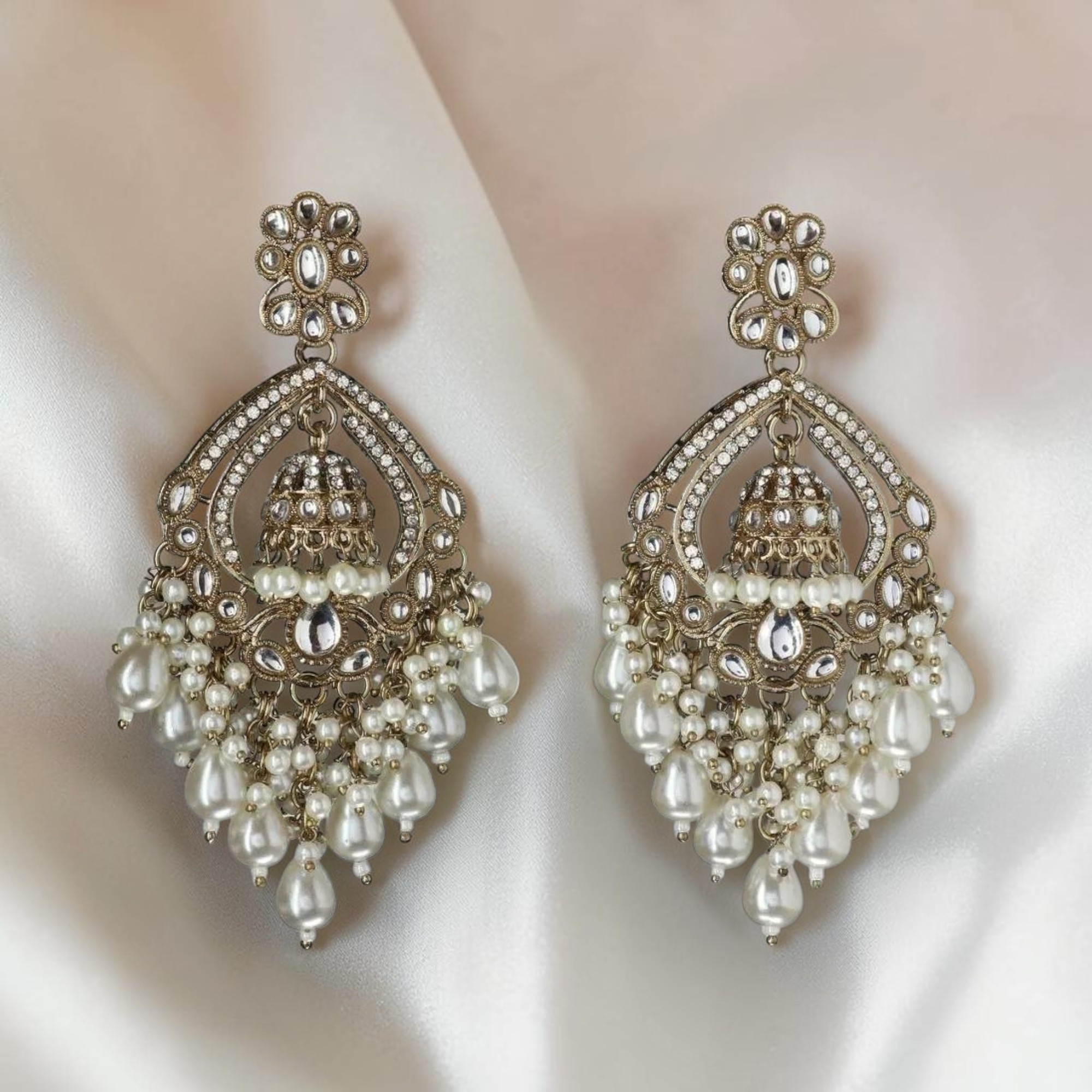 Gold-Plated Kundan & Glossy Cream Pearl Beaded Handcrafted Long Chandelier Earrings - Image 2