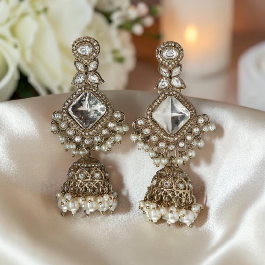 Pearls Antique Gold Tone Dazzling Stones Beads Embellished Traditional Jhumka Earring