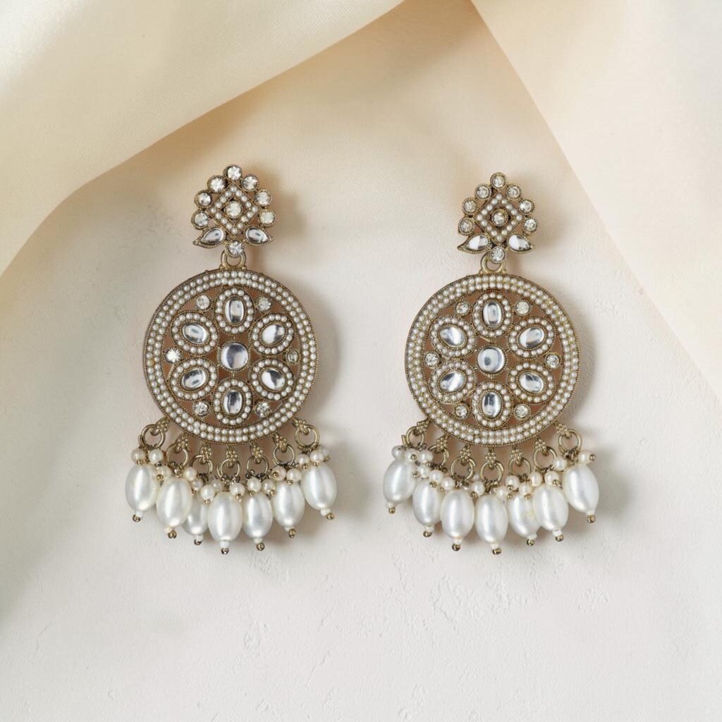 Round Pearl Stone Chand Drop Earrings