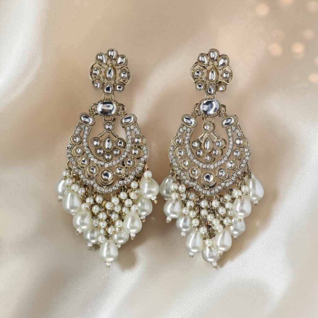 Gold-plated Kundan and pearl chandbali earrings