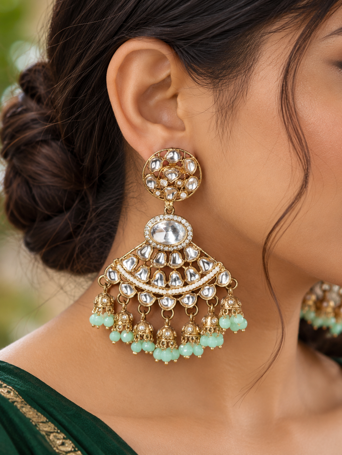 Gold-Plated Kundan Studded Contemporary Drop Earrings - Image 4