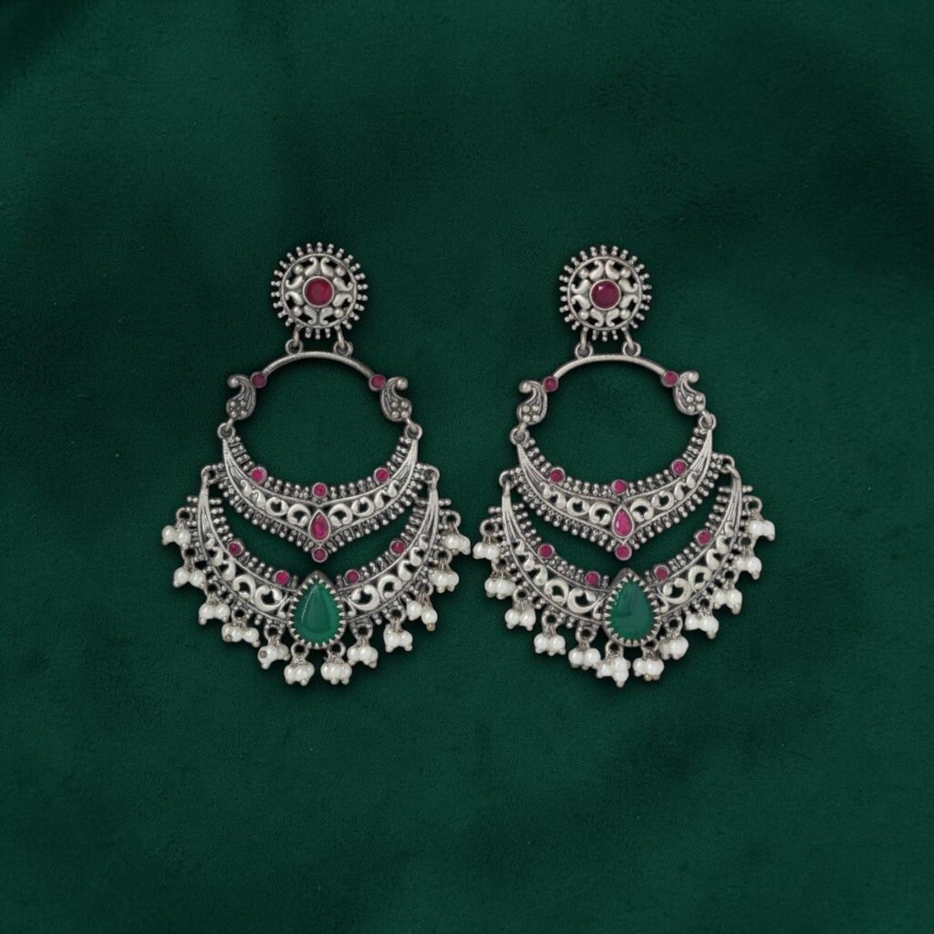 Oxidized Silver Chandbali Earrings