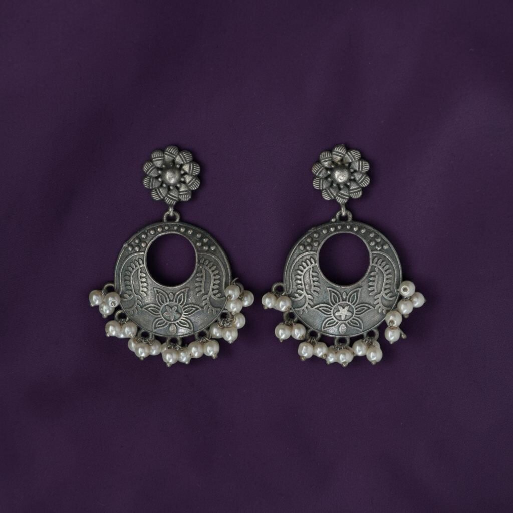 Antique Ethnic Oxidised Silver Designer Stylish Fashion Pearl Earrings